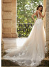 Plunging Neck Beaded Lace Tulle Princess Wedding Dress